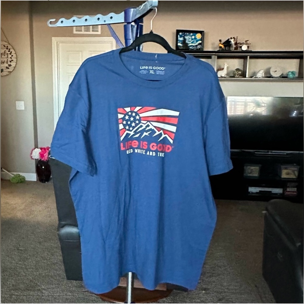Life is Good NWOT blue short sleeve with American Flag. Size XL